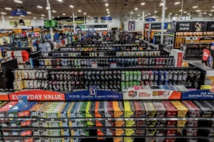 Golf equipment warehouse, balls, gloves, isles on isles.
